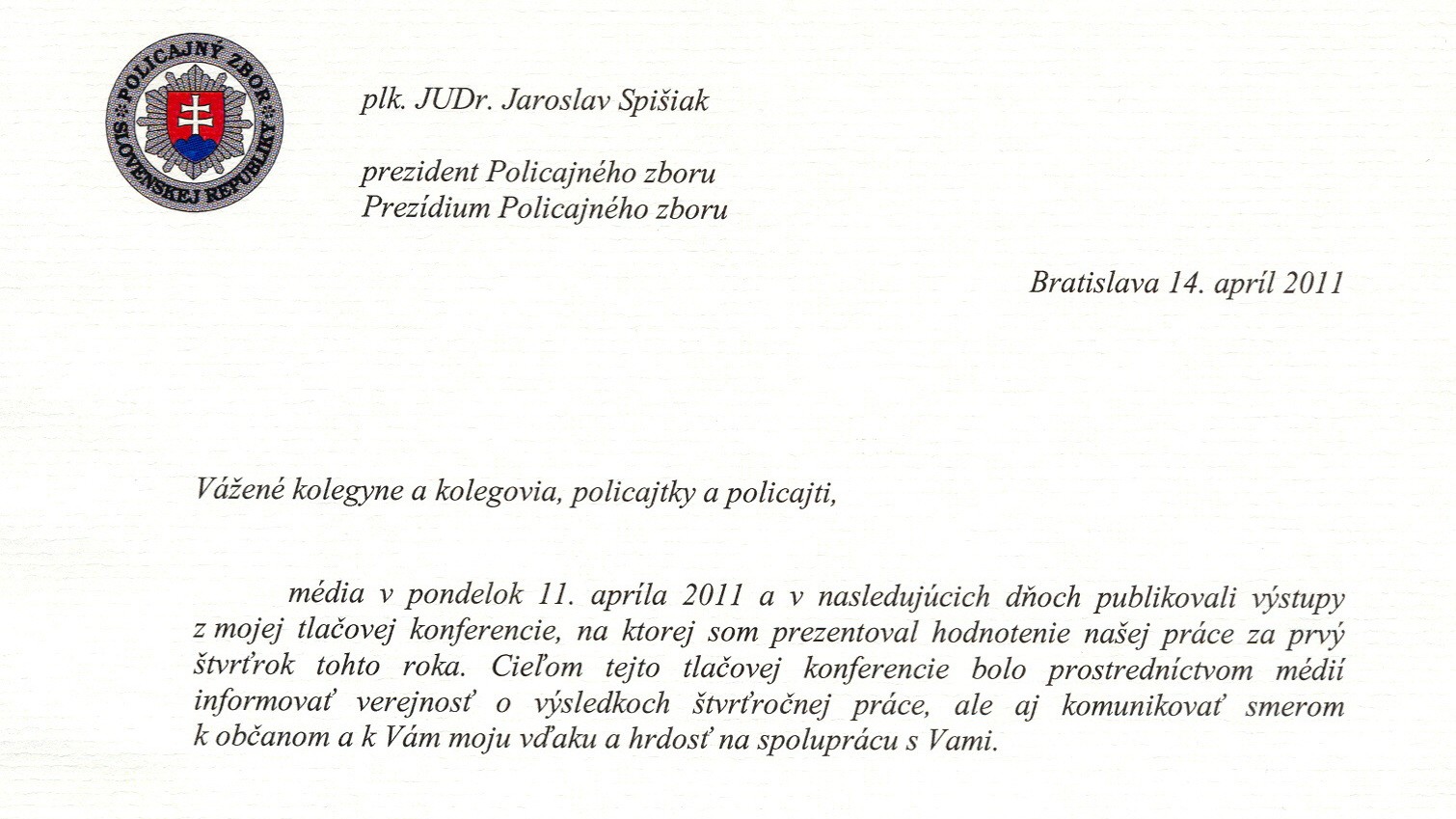 Osobný list prezidenta PZ Spišiaka
